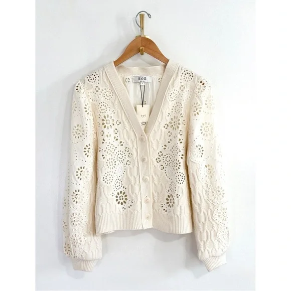 NWT SEA New York Lainey Eyelet-Embroidery Cream Long-Sleeve Cardigan Sweater